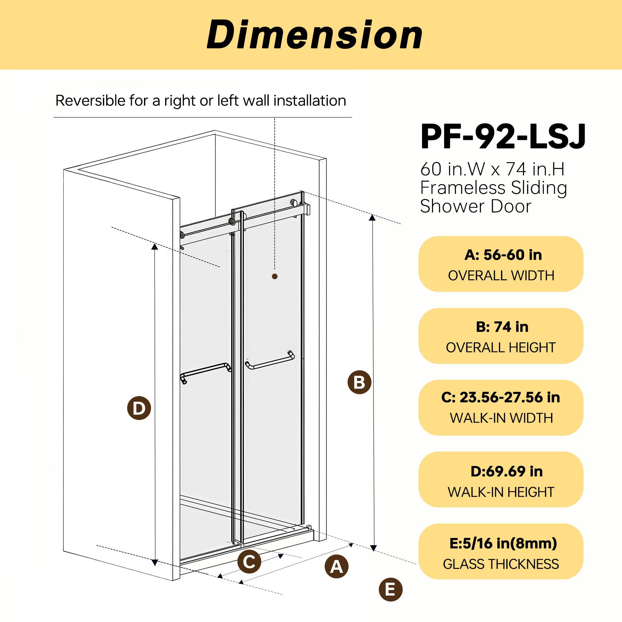 Frameless Double Sliding Shower Door with Silent Rollers, Bathroom Door with Square Tube Track, 60" L x 0.5" W x 74" H, Brushed Gold