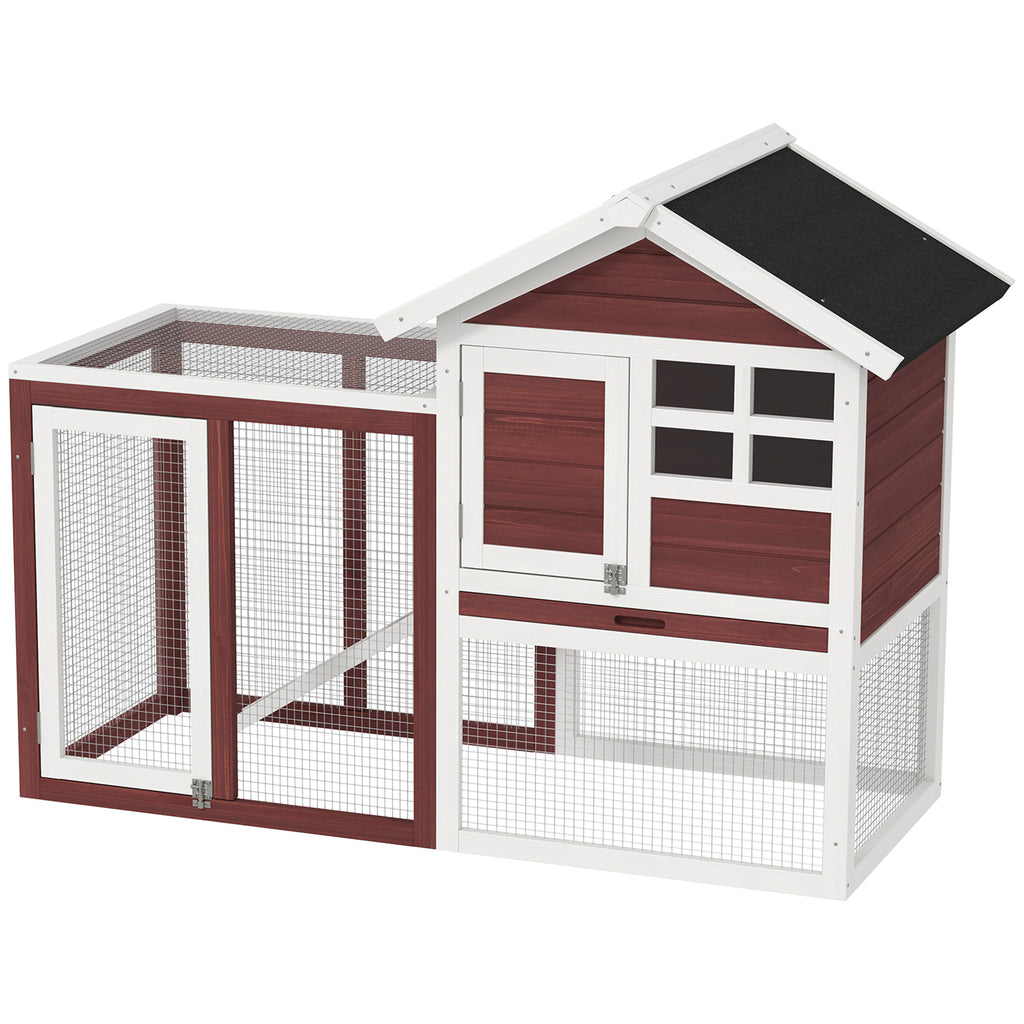 49" Wooden Rabbit Hutch Bunny Cage with Waterproof Asphalt Roof, Fun Outdoor Run, Removable Tray and Ramp, for Rabbits, Chickens, Ducks, Brown