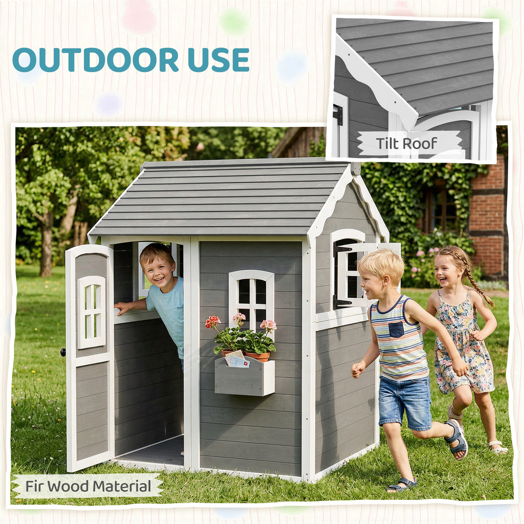 Outdoor Wooden Playhouse for Kids with Floor, Door, Windows, Planter Box for 3-8 Years Old, Backyard, Lawn, Garden