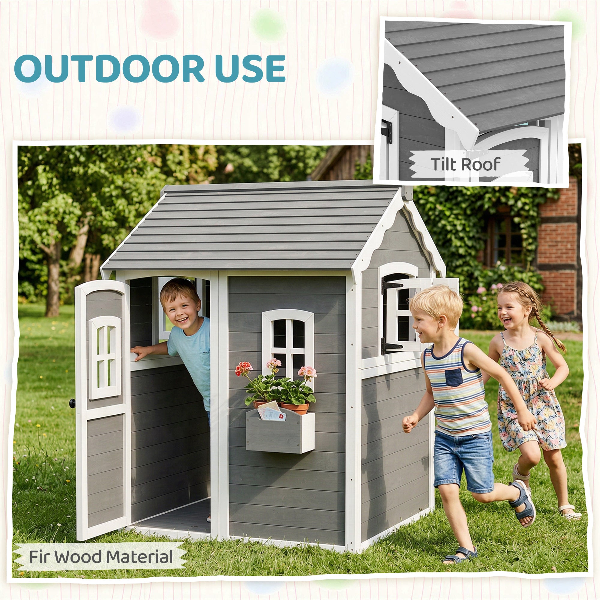 Outdoor Wooden Playhouse for Kids with Floor, Door, Windows, Planter Box for 3-8 Years Old, Backyard, Lawn, Garden