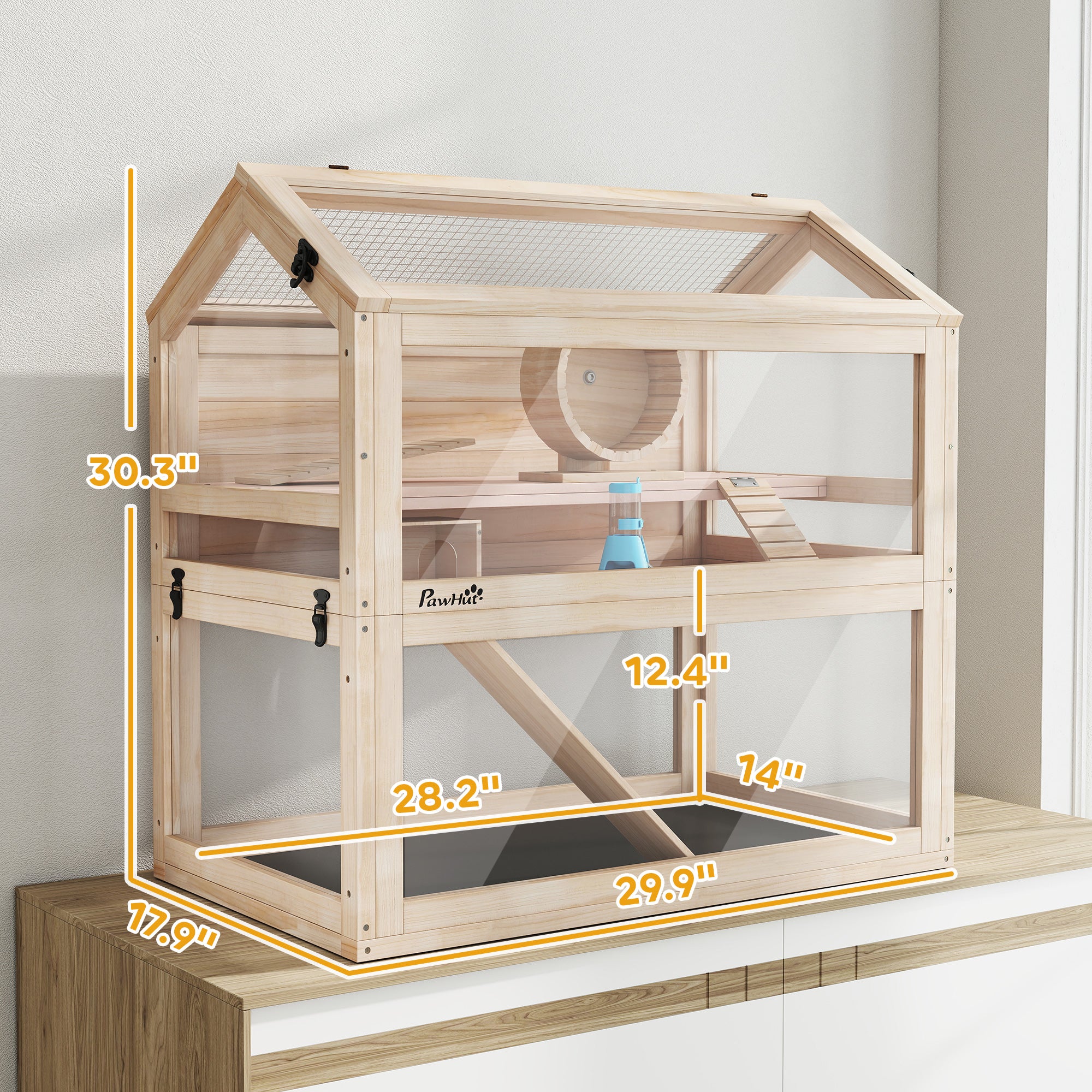 Wooden Hamster Cage, 3-Tier Small Animal Cage with Hut, Seesaw, Ramps, Exercise Wheel, Acrylic Panel and Bottom Tray