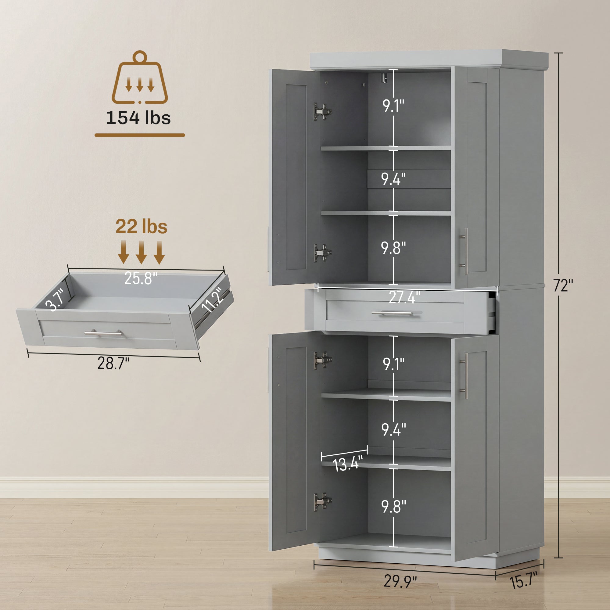 Modern Kitchen Pantry Freestanding Cabinet Cupboard with Doors and Drawer, Adjustable Shelving, Gray