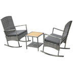 3 Piece Outdoor PE Rattan Rocking Chair Set, Patio Wicker Recliner Rocker Chair with Soft Cushion & Nature Wood Top Coffee Table, Gray