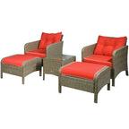 5 Pieces Rattan Wicker Lounge Chair Outdoor Patio Conversation Set w/ Cushioned Chairs, Ottomans and Tempered Glass Top