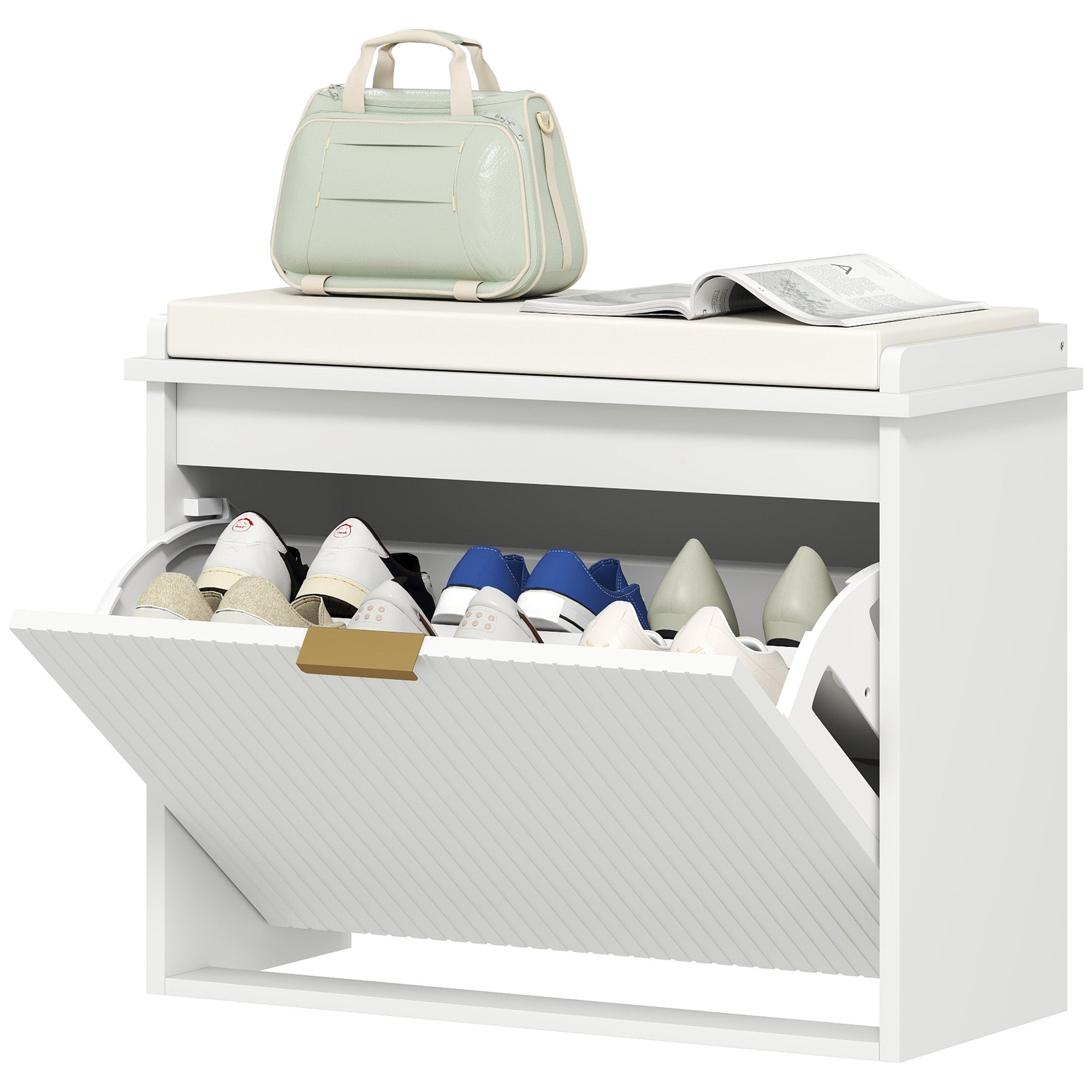 Shoe Storage Bench with Padded Seat Cushion and Flip-Drawer, Entryway Bench, Shoe Cabinet, 24.4x10.2x18.7 Inches, White