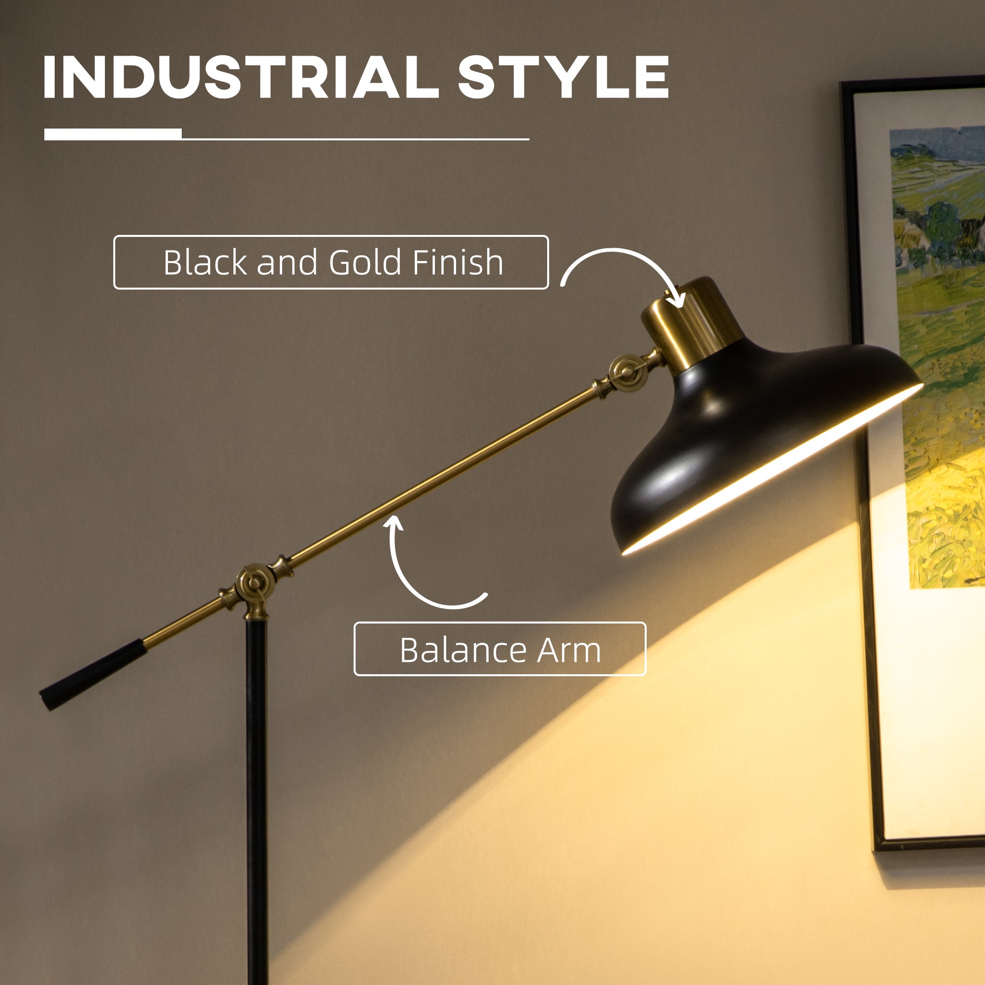 Adjustable Floor Lamps for Living Room, Standing Lamp for Bedroom with Balance Arm, Tall Black and Gold Lamp