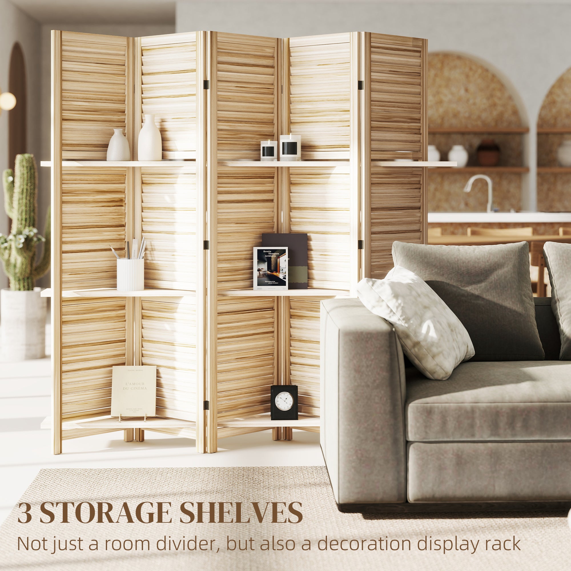 5 Panel 67" Tall Wood Privacy Screen Room Divider with 3 Shelves and Folding Storage for Bedroom, Natural Wood