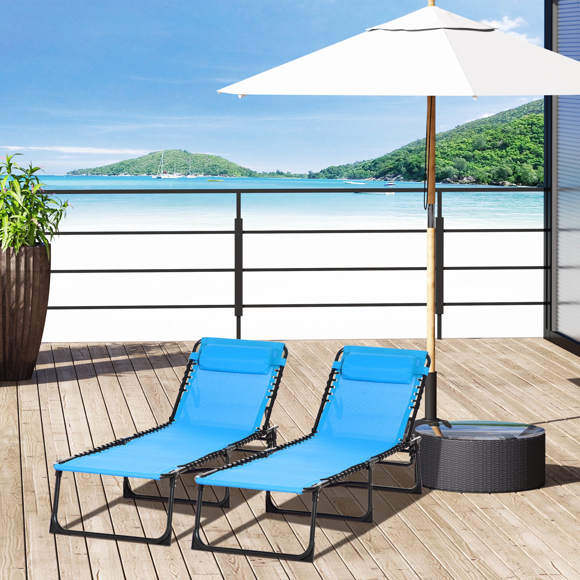 Set of 2 Folding Chaise Lounge Chairs, Outdoor Sun Tanning Chairs with Reclining Back, Sky Blue