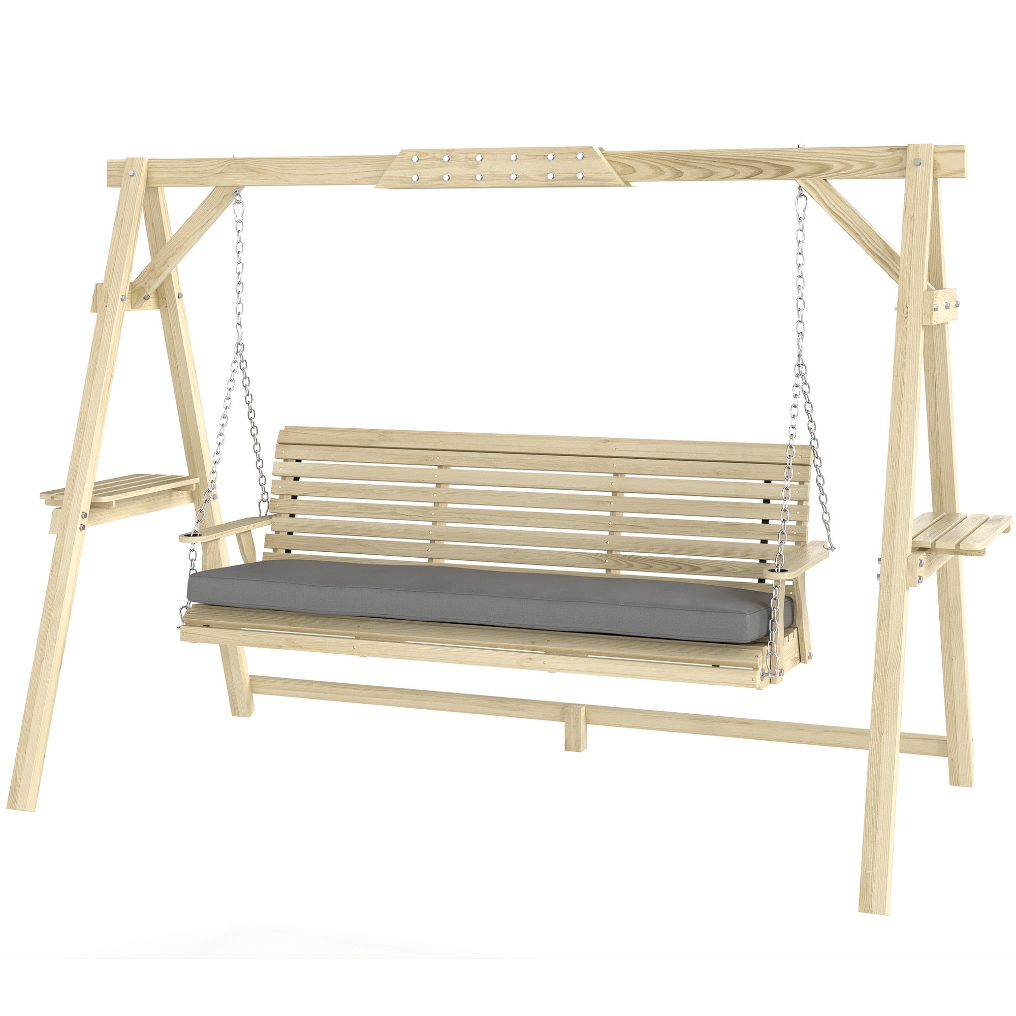 3 Seat Wooden Porch Swing with Stand, Patio Swing with Cushion, for Garden, Poolside, Backyard, Natural Wood