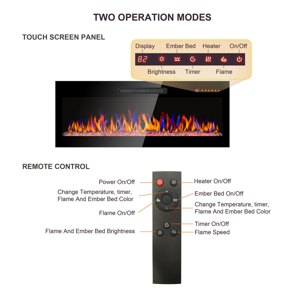 50" Ultra Thin Recessed Design Wall Mounted Electric Fireplace with Remote, Multi-Color Flame, Ember Bed, and LED Heater, Antique Black