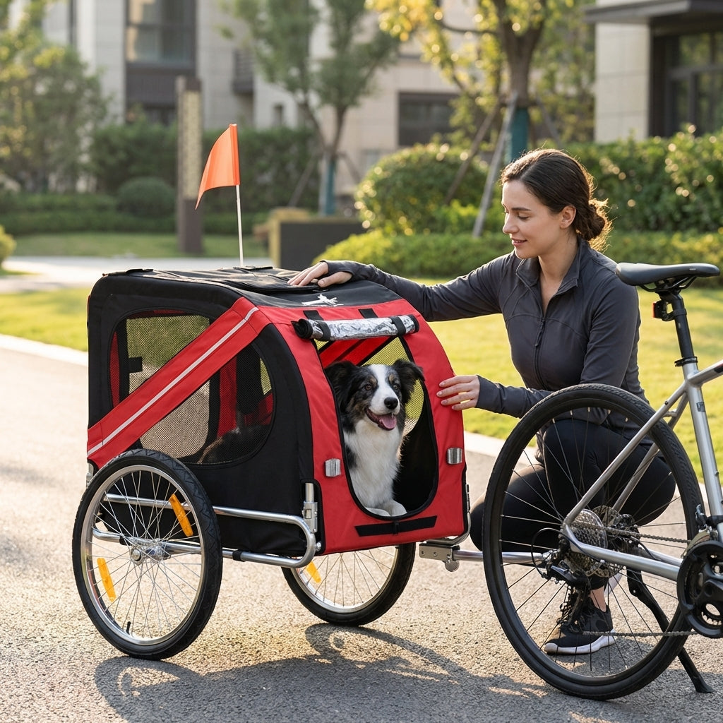Dog Bike Trailer, Pet Wagon Bicycle Trailer with Easy Folding Cart Frame, 20" Large Rubber Wheels, 3 Entrances, Mesh Screen, Pet Bike Trailer for Off-Road & Travel, Red and Black