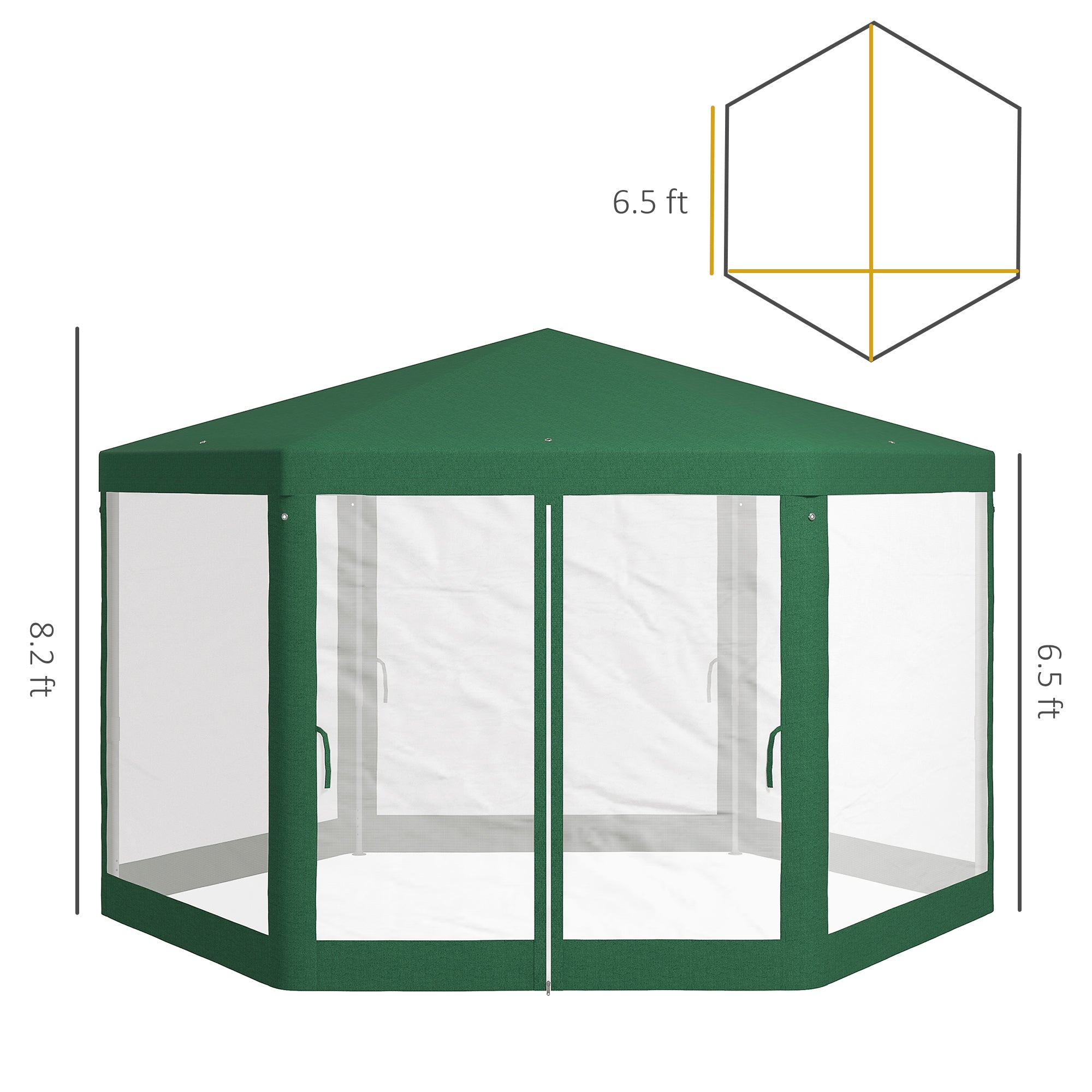 13' x 11' Outdoor Party Tent, Hexagon Sun Shade Shelter Canopy w/ Protective Mesh Sidewalls, Ropes & Stakes, Green