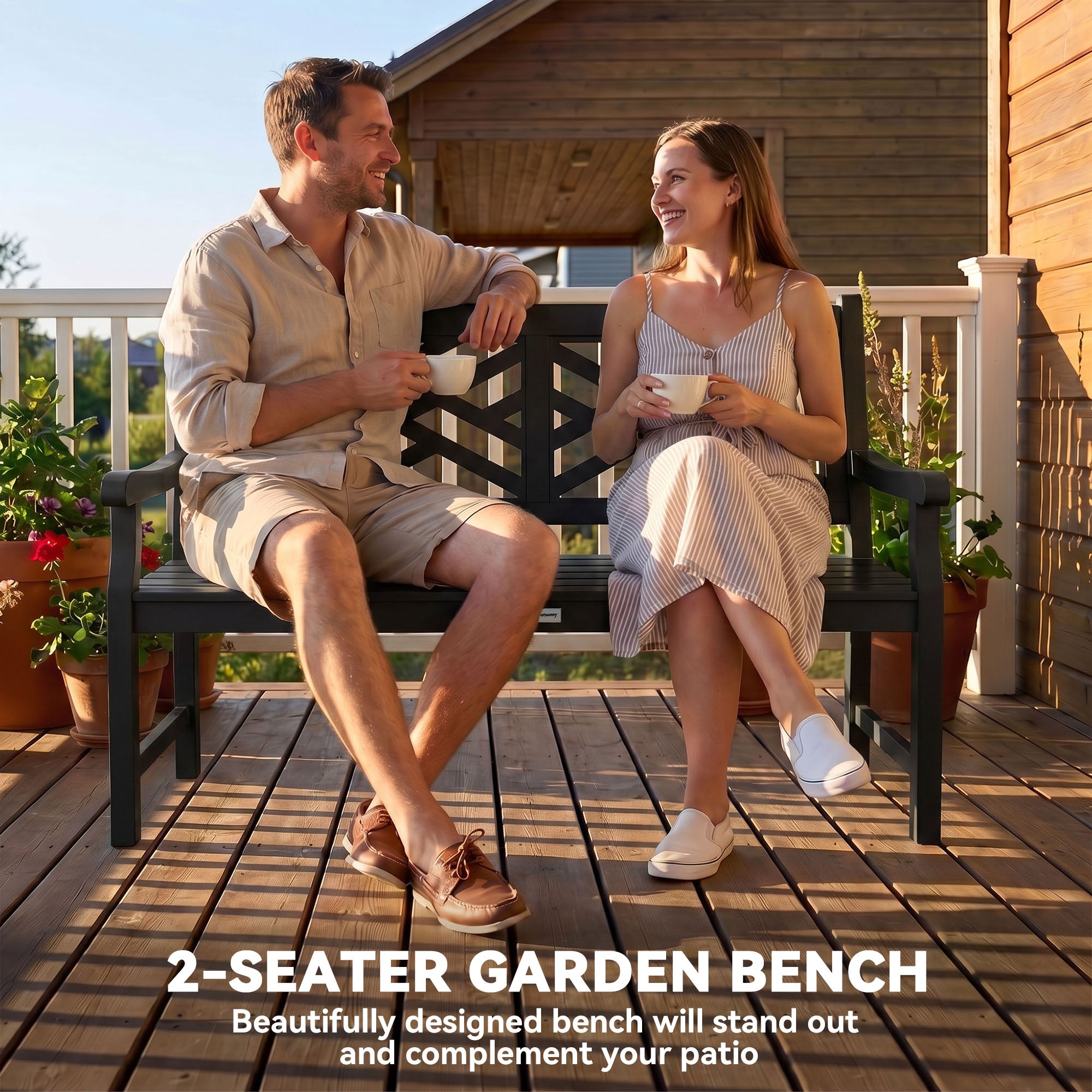 Outdoor Garden Bench, Wooden Frame Patio Bench with Geometric Pattern, 43.25 Inch Weatherproof 2-Person Love Seat for Garden, Lawn, Porch, Yard, Work Entryway, Black