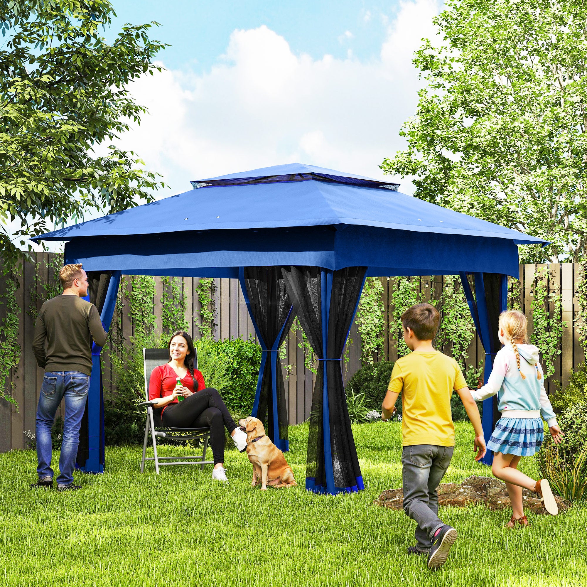 Outdoor Patio Pop Up Canopy Gazebo Shelter with Zipper Netting, Carry Bag, 11' x 11', Blue