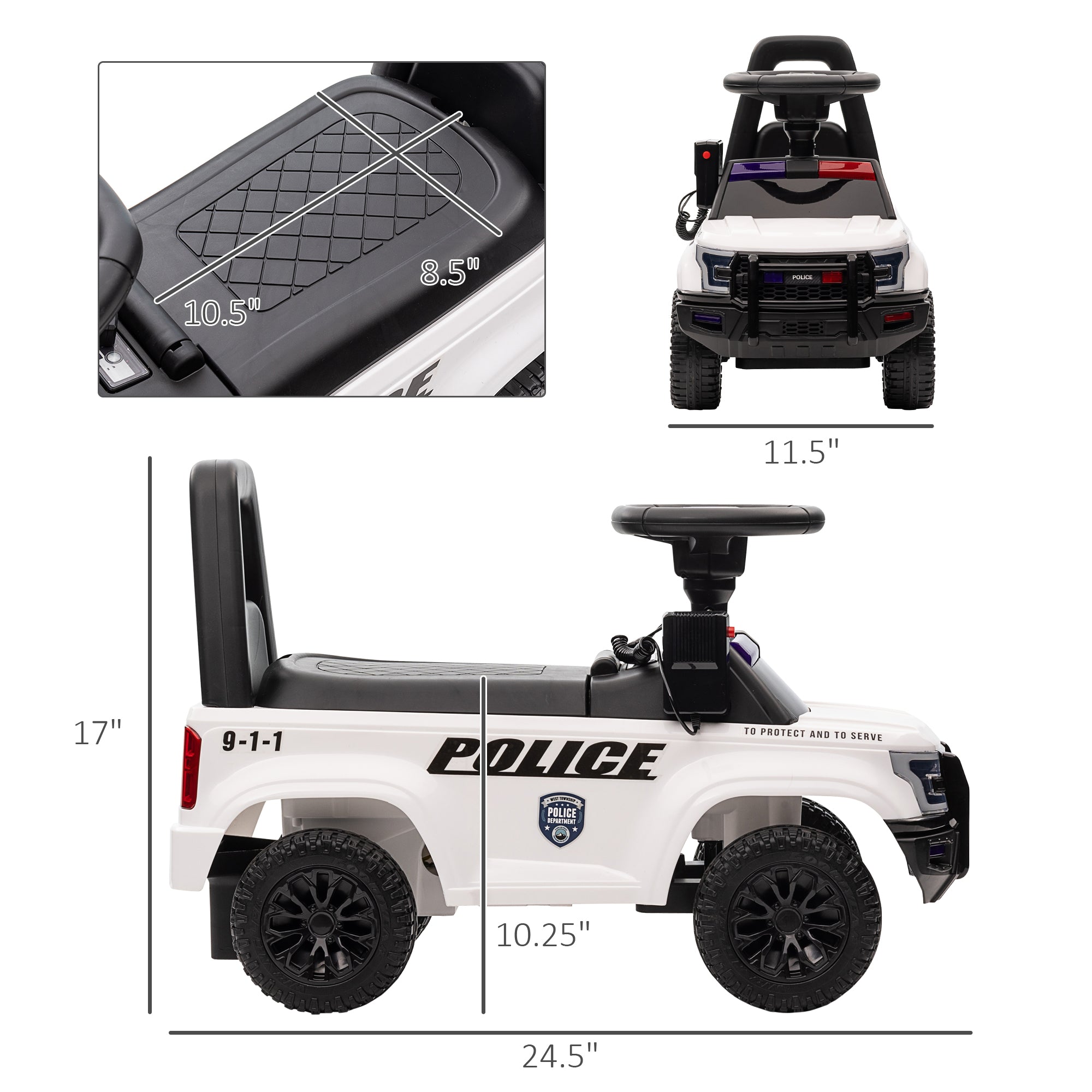 Kids Push Ride On Car with Working PA System and Horn, Police Truck Style Foot-to-Floor Sliding Car for Boys and Girls with Under-Seat Storage, for 18 Months to 5 Years Old, White
