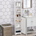 Tall Bathroom Storage Cabinet/Freestanding Linen Tower with 3-Tier Open Adjustable Shelf and Cupboard, White