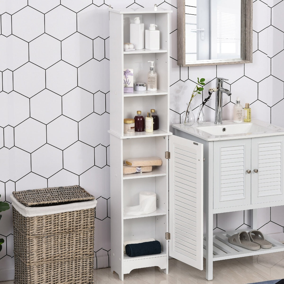 Tall Bathroom Storage Cabinet/Freestanding Linen Tower with 3-Tier Open Adjustable Shelf and Cupboard, White