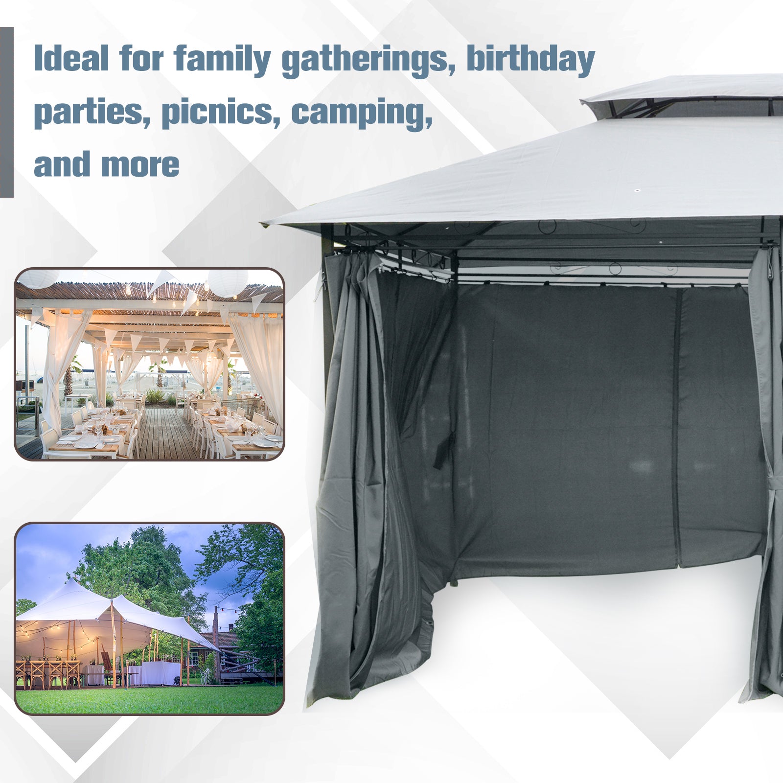 10' x 13' Outdoor Soft Top Gazebo Pergola with Curtains, 2-Tier Steel Frame Gazebo for Patio, Sage Gray