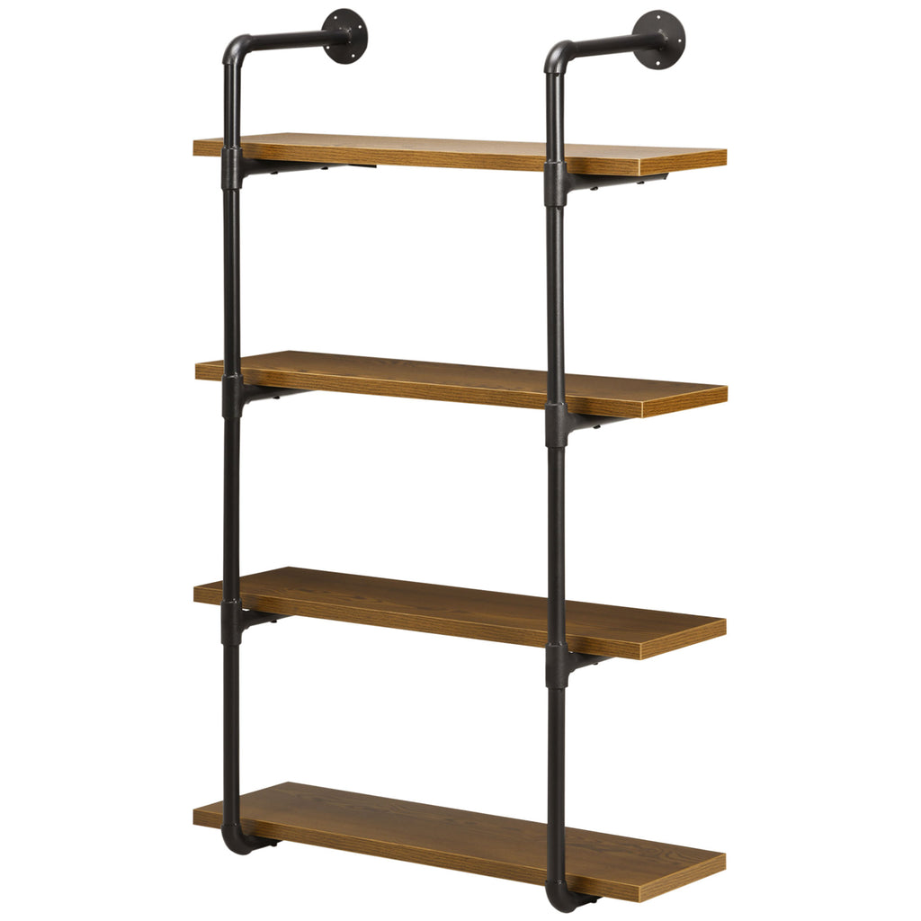 4-Tier Industrial Pipe Shelves Floating Wall Mounted Bookshelf, Metal Frame Display Rack, Rustic Brown