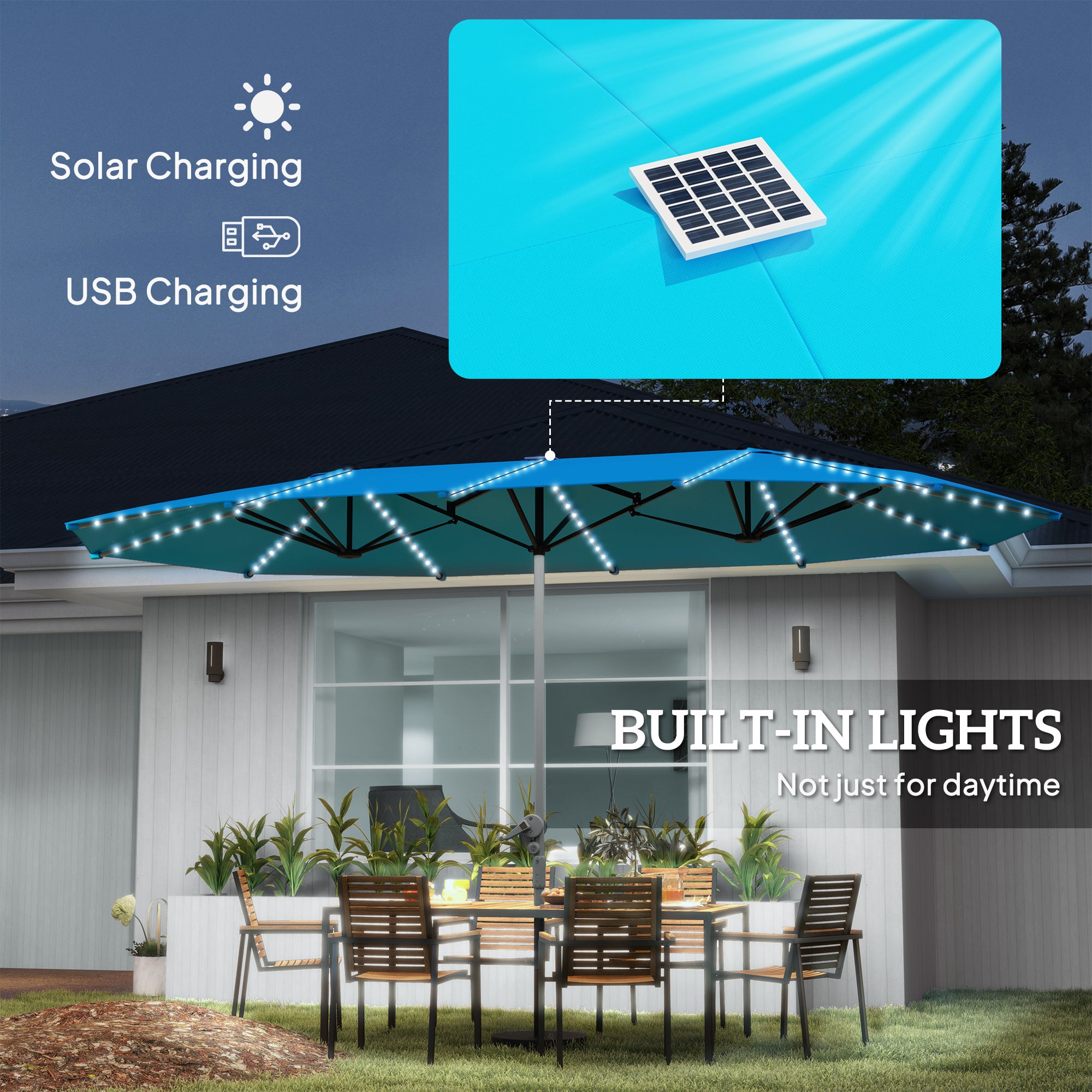 15ft Double-Sided Outdoor Umbrella with Solar Lights, UPF50+ Extra Large Aluminum Patio Umbrella with Crank, Blue