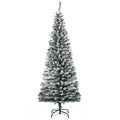 6ft Flocked Christmas Tree, Pencil Artificial Xmas Tree with Faux Snow, Dense Branches, Foldable Metal Base for Indoor Holiday Decor