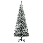6ft Flocked Christmas Tree, Pencil Artificial Xmas Tree with Faux Snow, Dense Branches, Foldable Metal Base for Indoor Holiday Decor