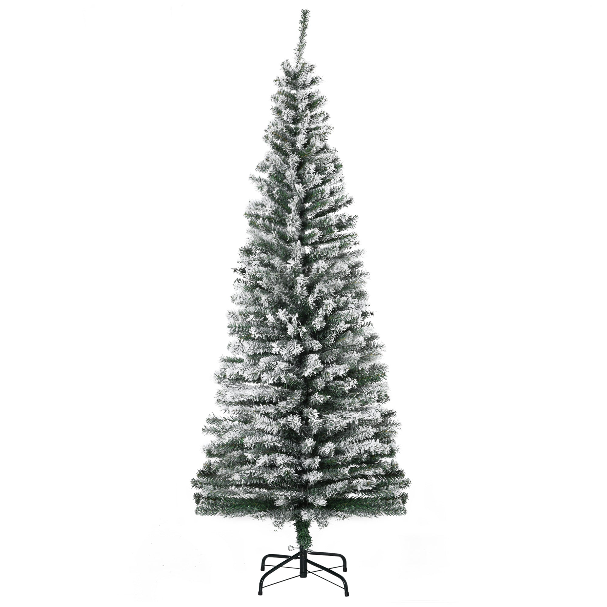 6ft Flocked Christmas Tree, Pencil Artificial Xmas Tree with Faux Snow, Dense Branches, Foldable Metal Base for Indoor Holiday Decor