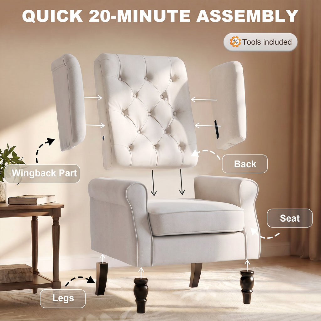 Button-Tufted Accent Chair with High Wingback, Rounded Cushioned Armrests and Thick Padded Seat, Cream White