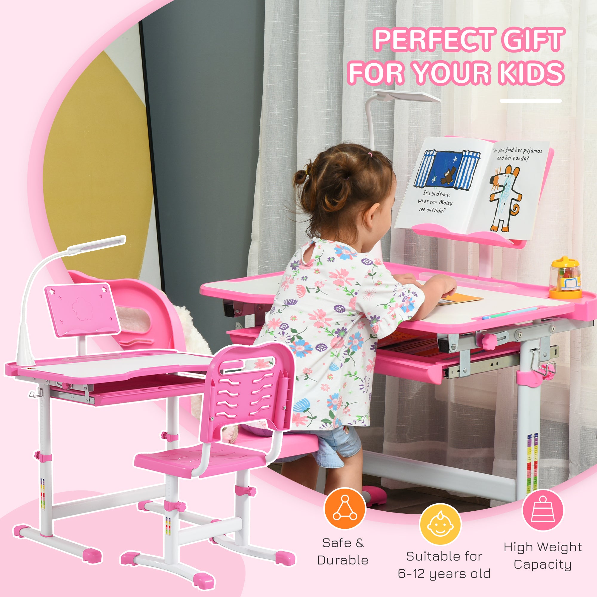 Kids Desk and Chair Set with USB Light, Storage Drawer, Pink