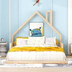 Full Size Wood Floor Bed with House-Shaped Headboard, Sturdy Pine Wood Construction, Easy Assembly, 78" L x 56.5" W x 46.5" H, Natural