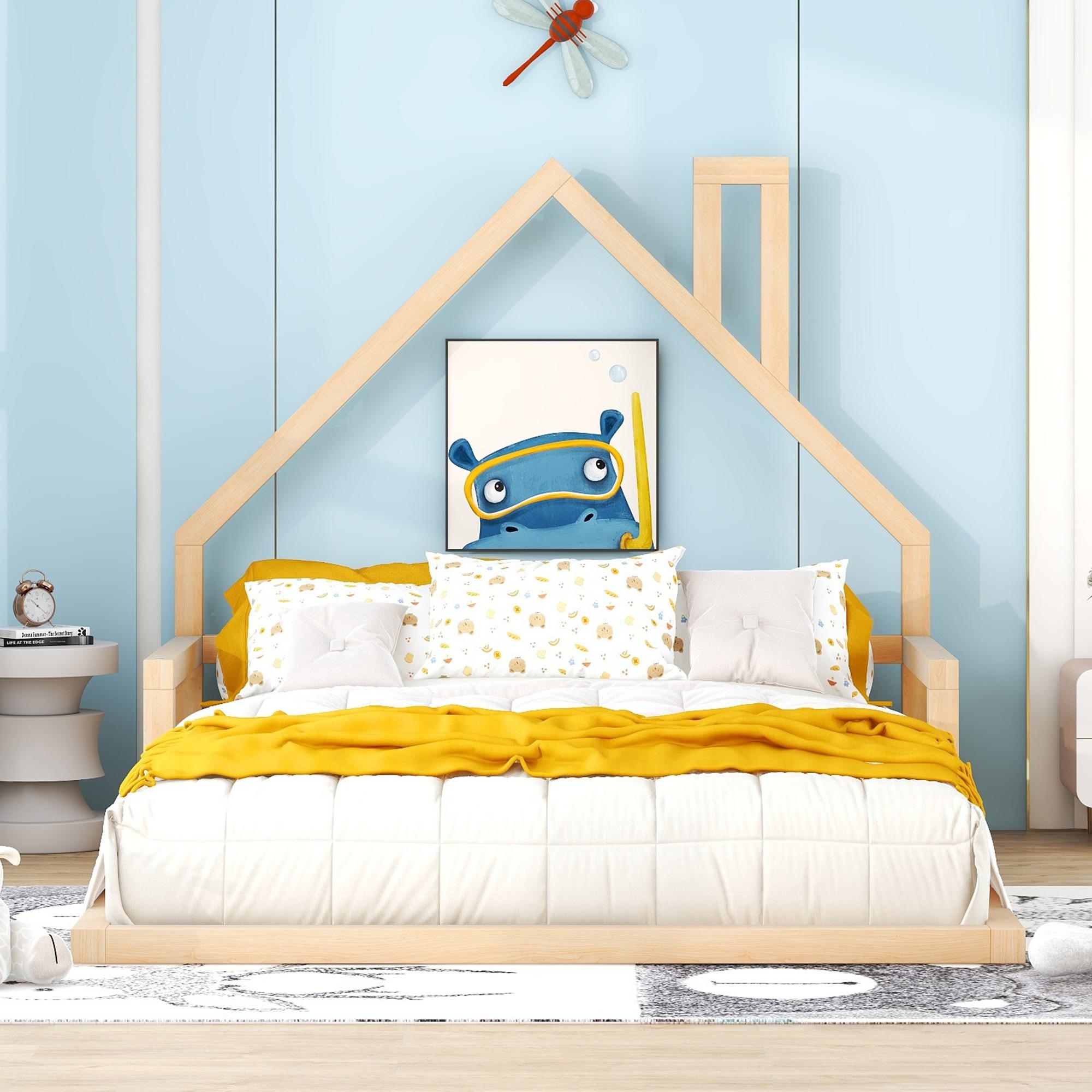 Full Size Wood Floor Bed with House-Shaped Headboard, Sturdy Pine Wood Construction, Easy Assembly, 78" L x 56.5" W x 46.5" H, Natural