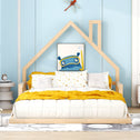 Full Size Wood Floor Bed with House-Shaped Headboard, Sturdy Pine Wood Construction, Easy Assembly, 78" L x 56.5" W x 46.5" H, Natural