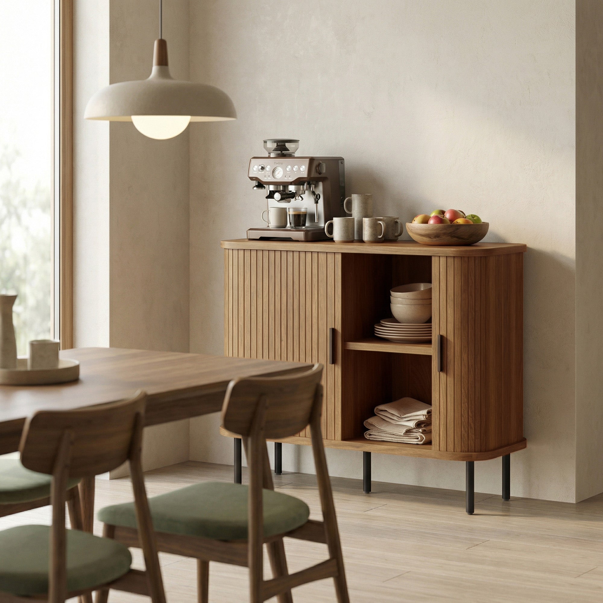35.4" Sideboard Buffet Cabinet with Storage, Nordic Coffee Bar Cabinet with Slatted Tambour Doors and Metal Legs, Walnut