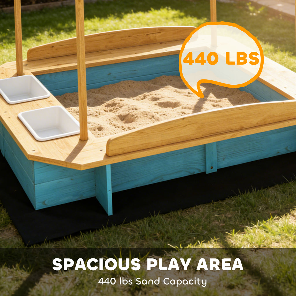 Wooden Sandbox with Dinosaur Print Canopy Kids Sandbox Outdoor with Bench Seats & 2 Storage Bins