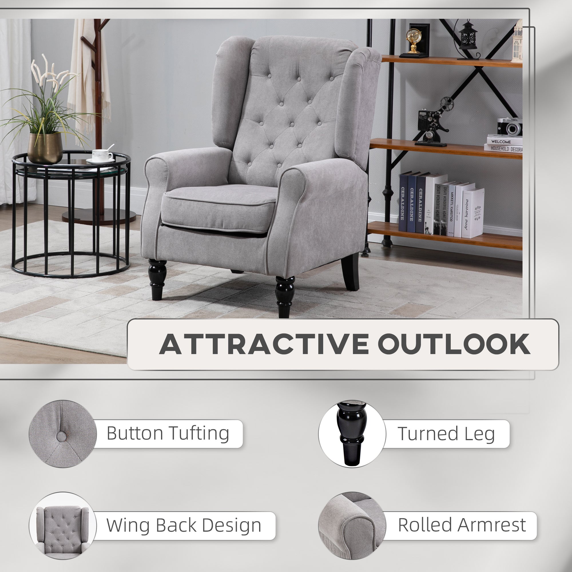 Button-Tufted Accent Chair with High Wingback, Rounded Cushioned Armrests and Thick Padded Seat, Set of 2, Gray