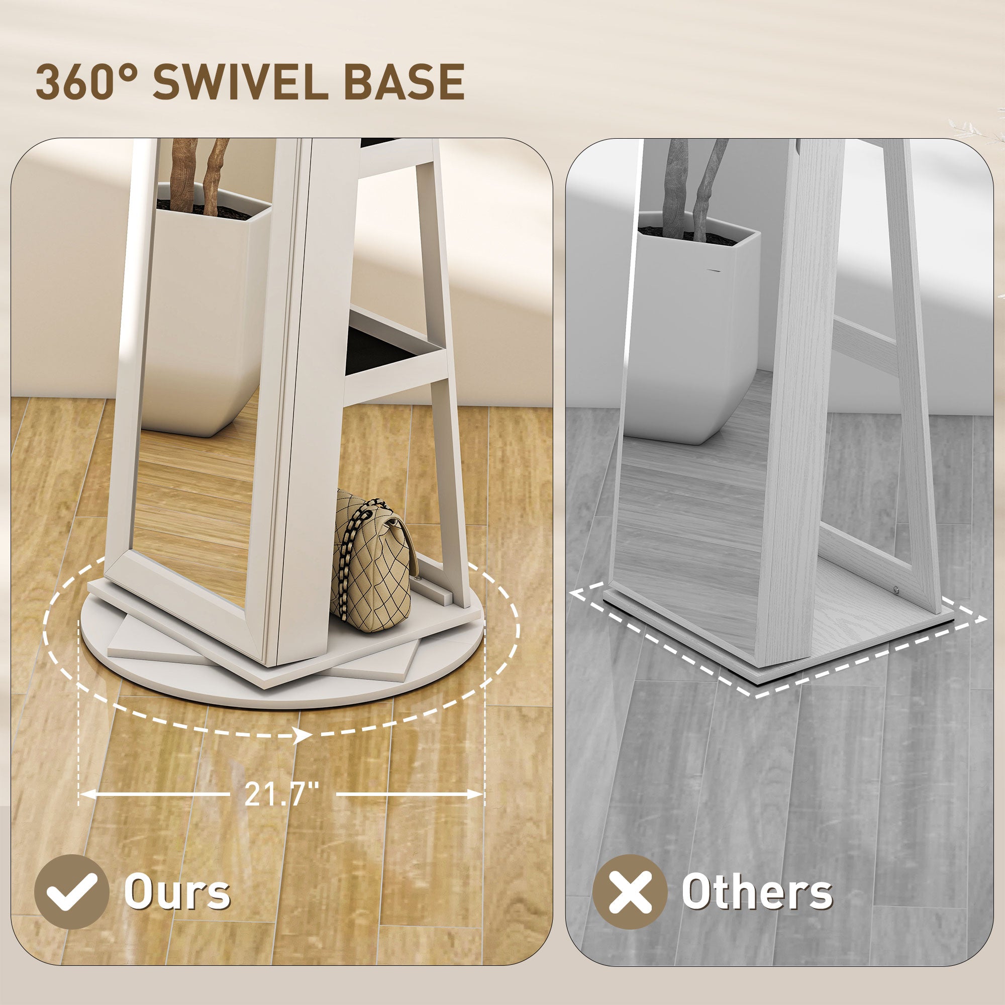 360° Swivel Jewelry Armoire, Lockable Jewelry Cabinet with Full-Length Mirror, Storage Shelves, White