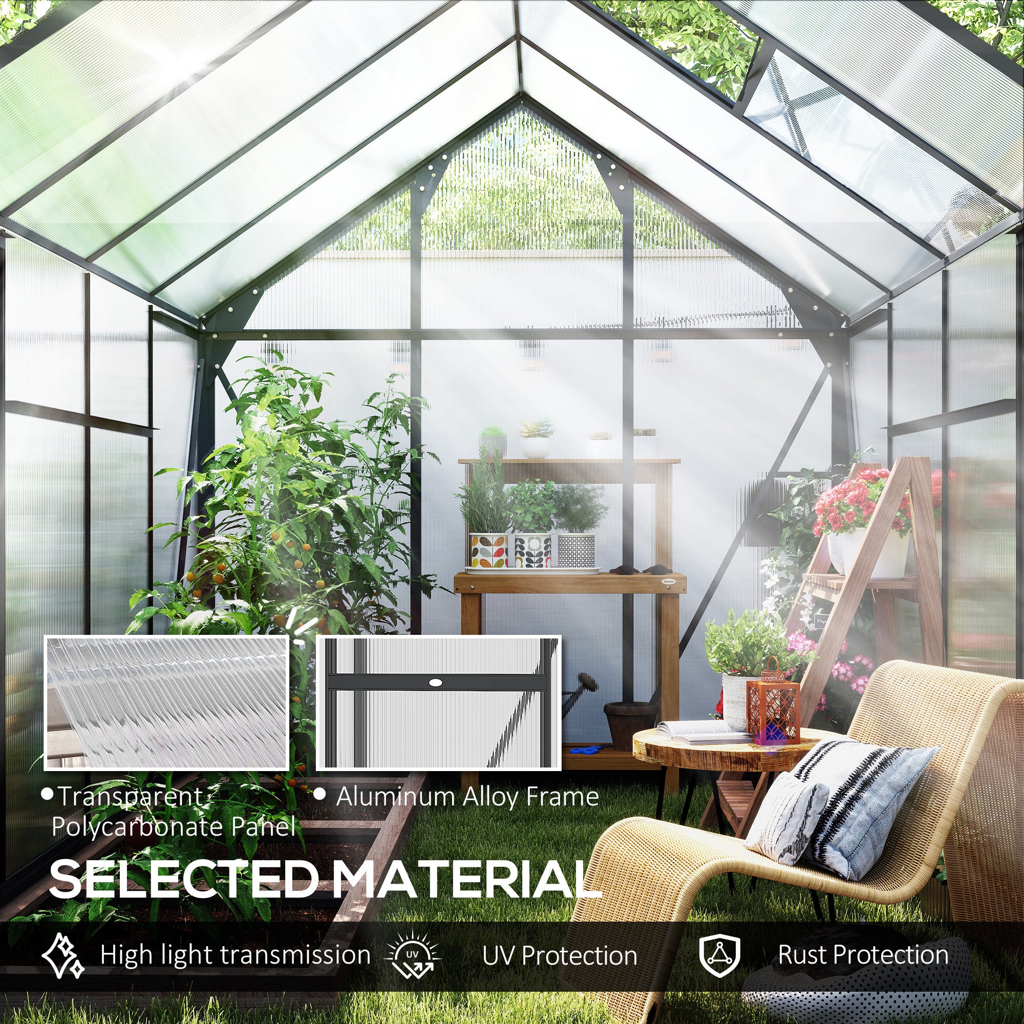 Polycarbonate Greenhouse, Heavy Duty Outdoor Aluminum Walk-in Green House Kit Vent Door, 6.2'x8.3'x6.6' Gray