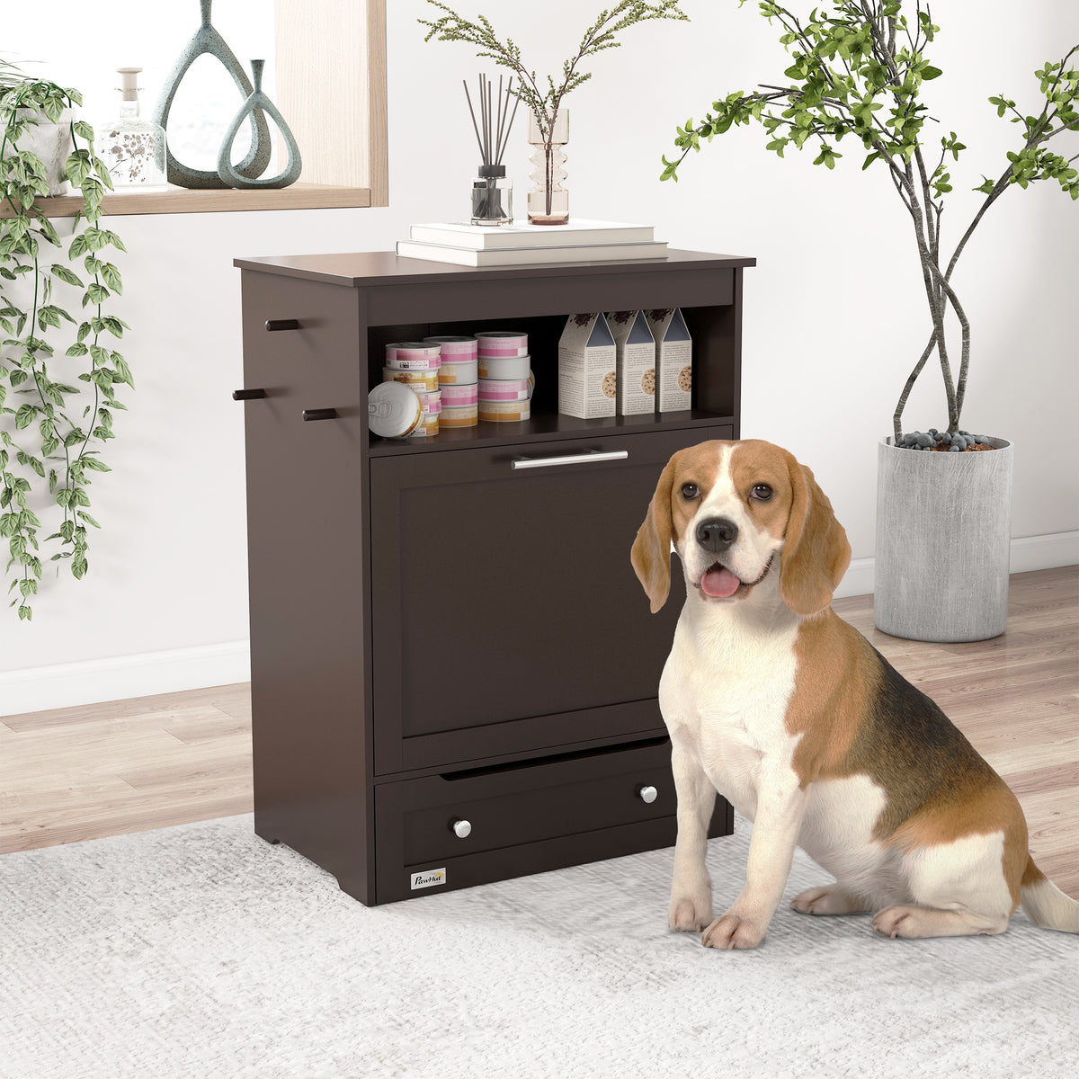 Pet Feeder Station Storage Cabinet, Dog Food Storage Container with Dog Raised Bowls, Watering Supplies, Gray