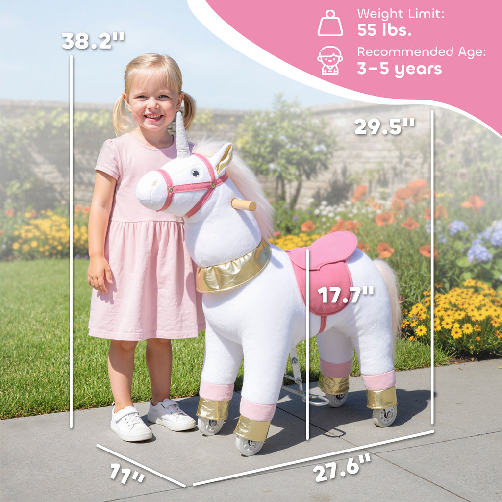 Ride on Unicorn Toy for Kids 3-5 Years, 29.5 Inch Plush Baby Rocking Horse with Wheels, No Battery Required, White