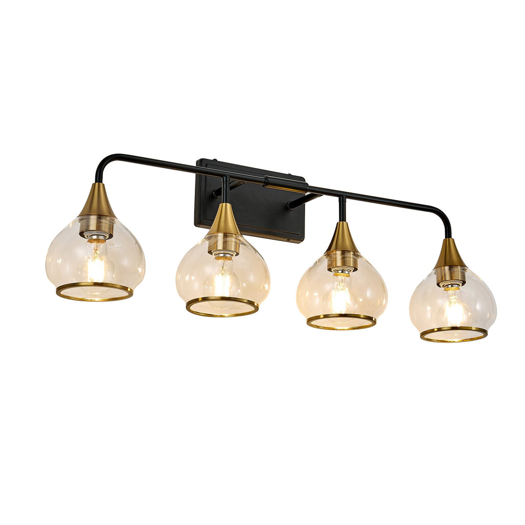 31" Modern 4-Light Vanity Wall Sconce with Clear Glass Shades, Industrial Wall Mounted Lamp for Living Spaces, 31" L x 8" W x 11" H, Black+Gold