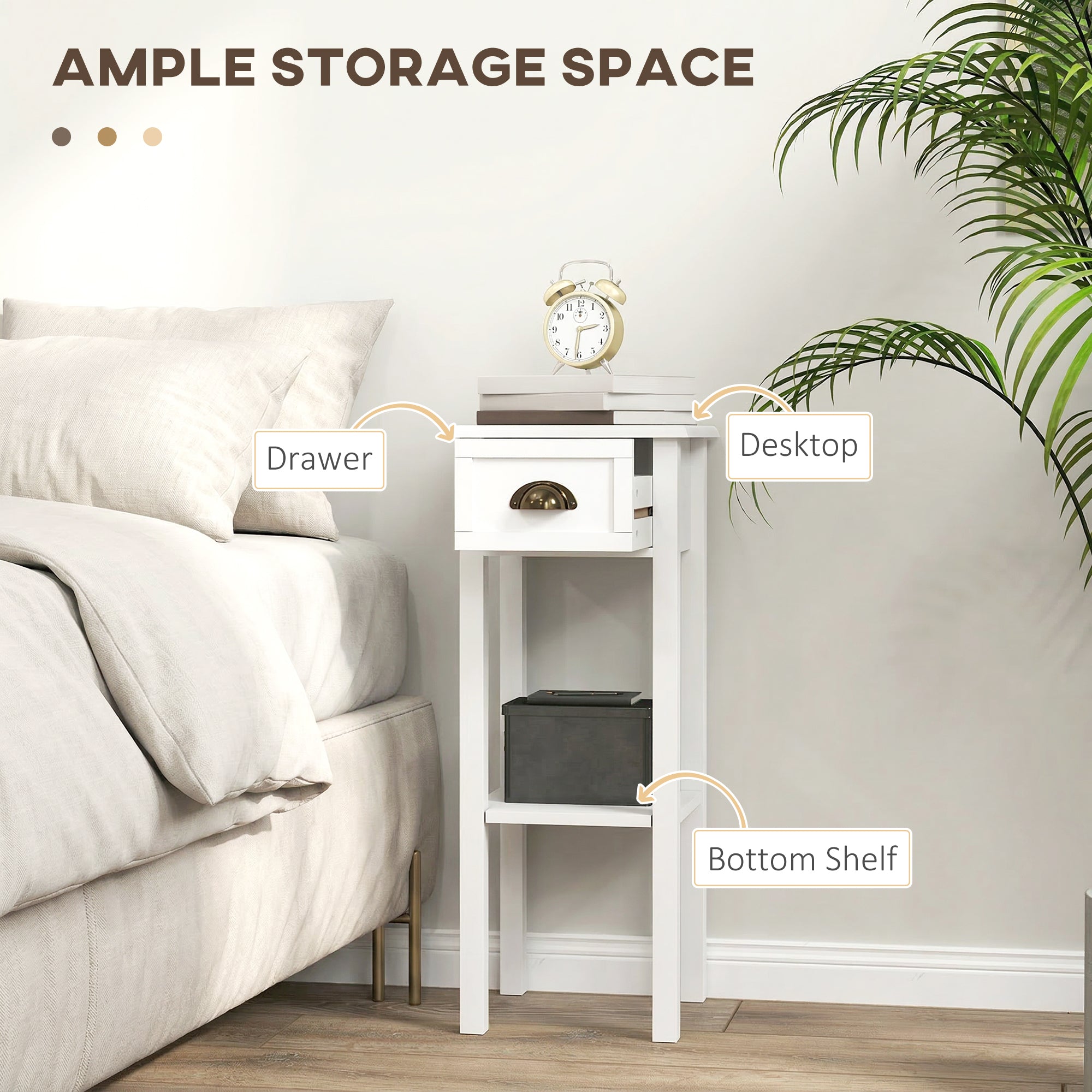 2-Tier Side Tables Set of 2 with Drawer and Shelf, 2 Pieces End Tables for Living Room and Hallway, White