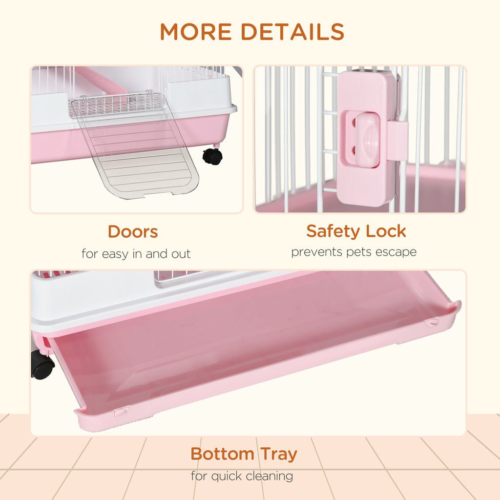 32"L 6-Level Small Animal Cage Rabbit Hutch with Universal Lockable Wheels, Slide-out Tray for Bunny, Chinchillas, Ferret, Pink