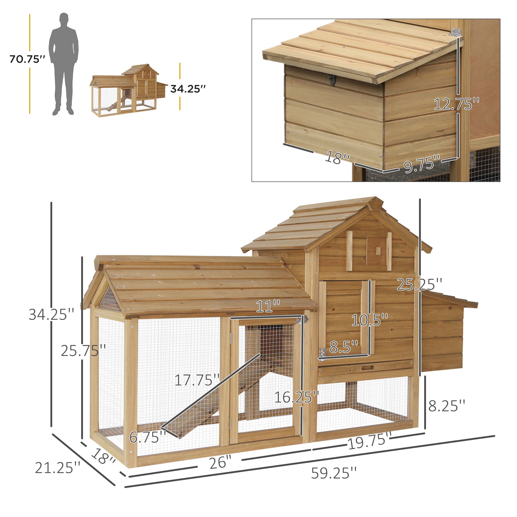 59" Small Wooden Chicken coop Hen House Poultry Cage for Outdoor Backyard with 2 Doors, Nesting Box and Removable Tray, Natural Wood