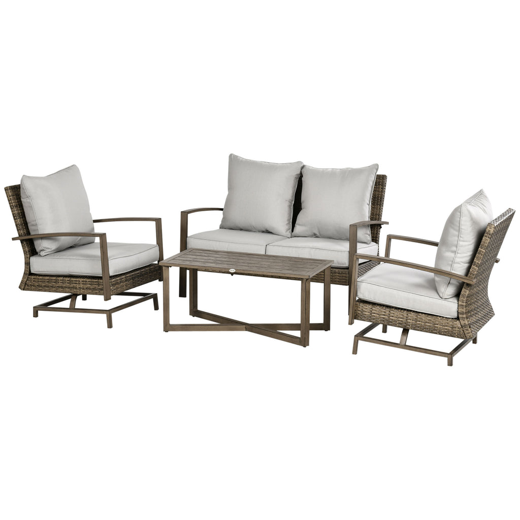 4 Piece Wicker Patio Furniture Set with 2 Rocking Chairs, Loveseat Sofa, Outdoor PE Rattan Conversation Set with Cushions, Aluminum Table for Porch, Poolside, Light Gray