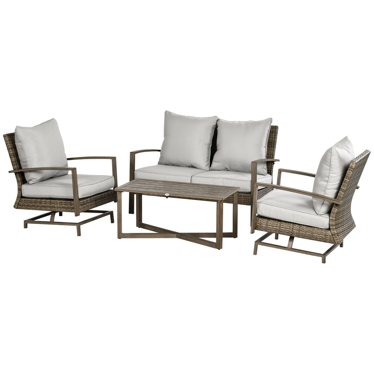 4 Piece Wicker Patio Furniture Set with 2 Rocking Chairs, Loveseat Sofa, Outdoor PE Rattan Conversation Set with Cushions, Aluminum Table for Porch, Poolside, Light Gray