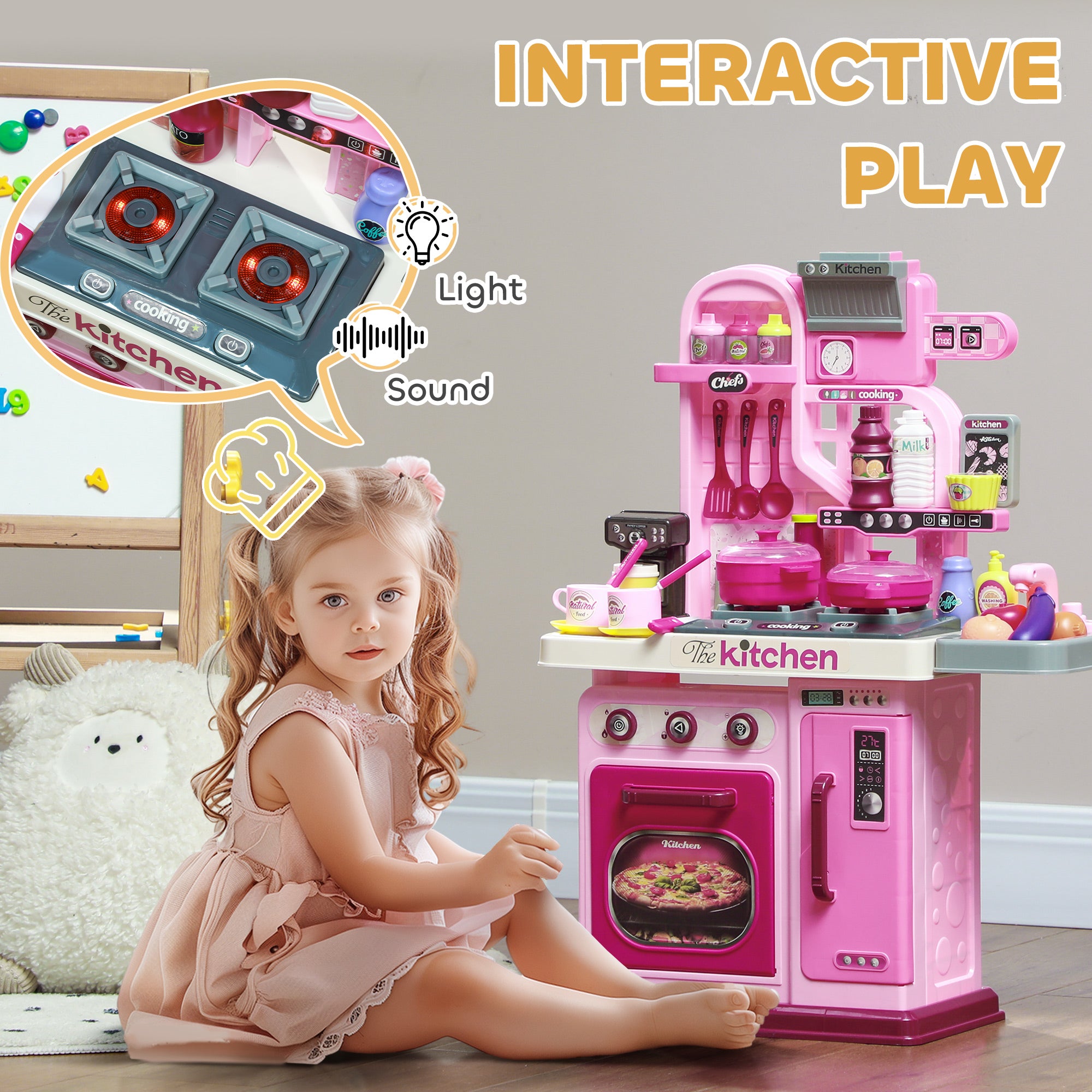 Kids Play Kitchen with Lights, Sounds, 33 Accessories & Storage for Toddler 3-6 Years