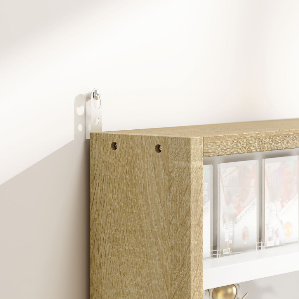 5-Tier Display Cabinet, Wall-Mounted Display Case with 2 Glass Doors and Adjustable Shelves, Oak and White
