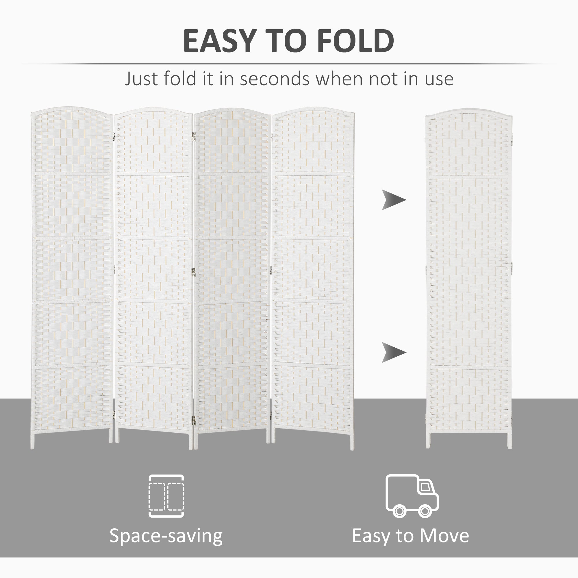 Room Divider, 4 Panel Folding Privacy Screen, 6FT Tall Portable Weave Partition Wall Divider for Bedroom, White