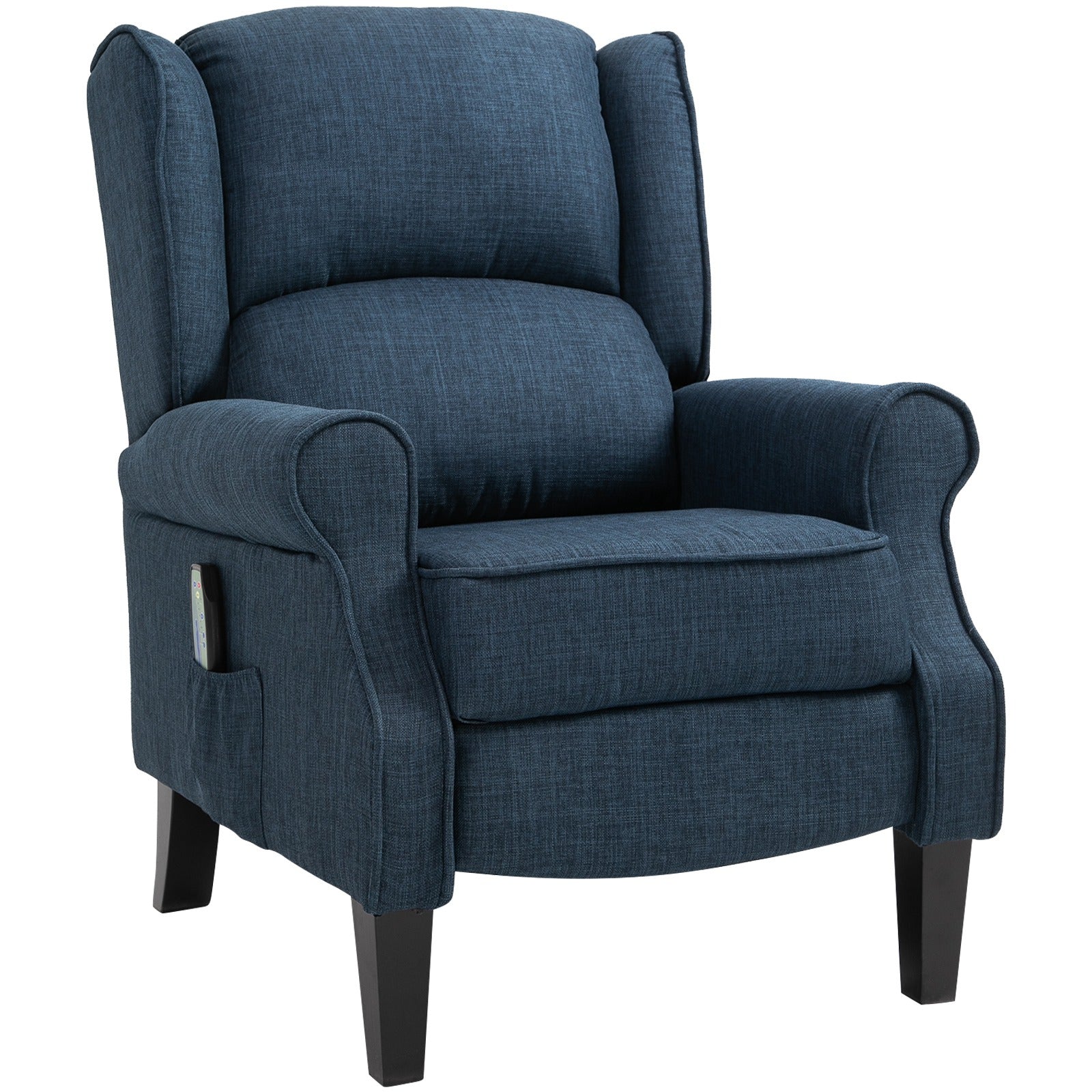 Vibration Massage Recliner Chair for Living Room with Heat, Wingback Single Sofa, Modern Linen Fabric Push Back Reclining Chair with Footrest, Side Pocket, Dark Blue
