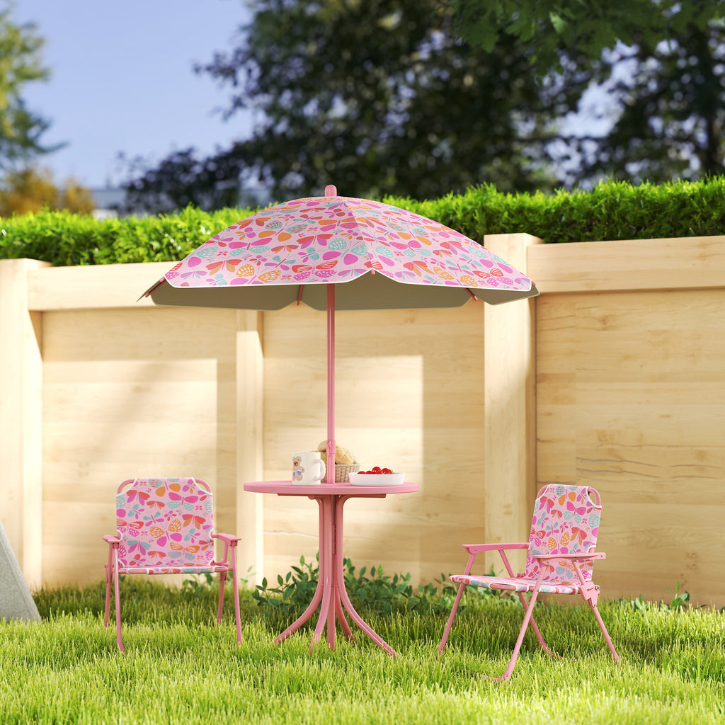 Kids Picnic Table and Chair Set, Outdoor Table with Foldable Chairs, Removable Umbrella, Pink
